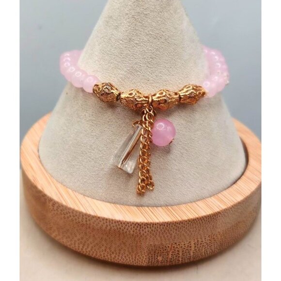 Pink Blush Quartz Beaded Bracelet With Gold Tone Bead Accents - Picture 2 of 5